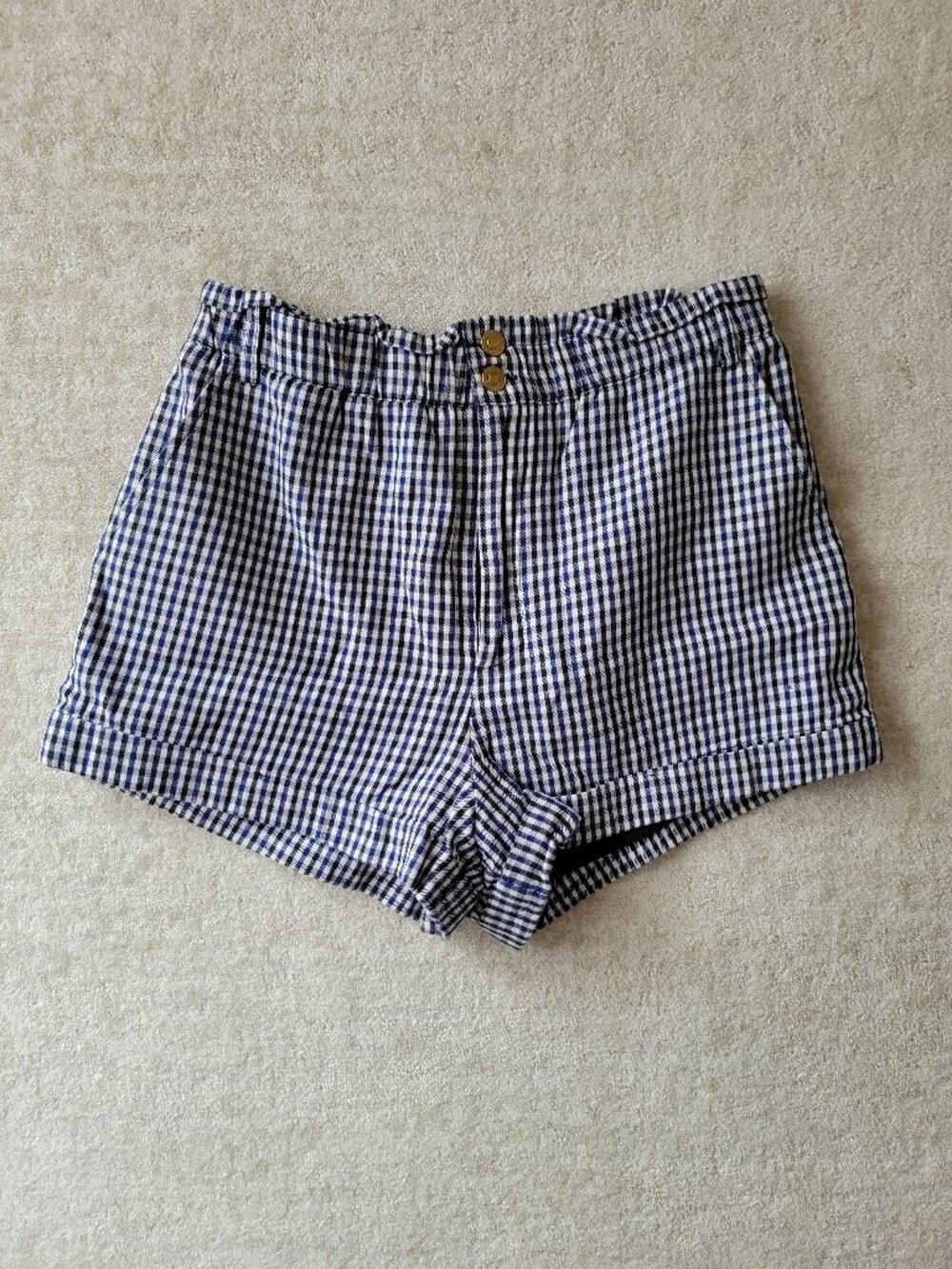 Forever 21 Hi Rise Gingham Linen Blend Paperbag Shorts Blue White Small Academia